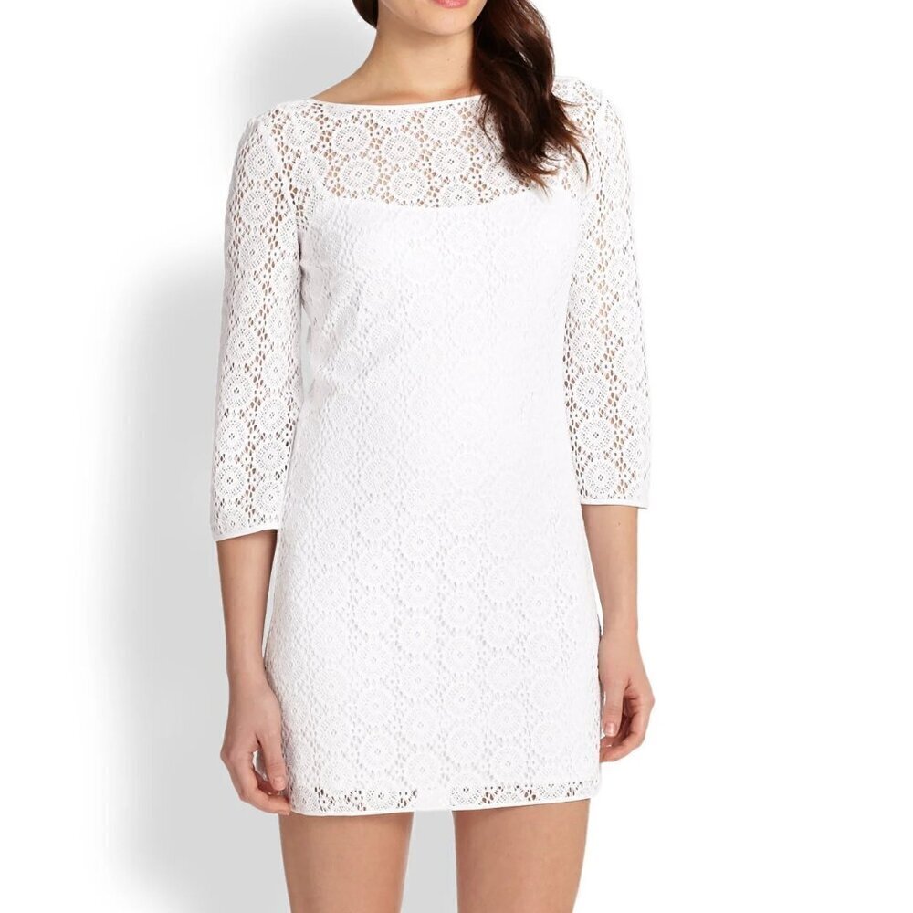 Lilly Pulitzer crochet white lace shift dress scoop back crochet 3/4 sleeve M